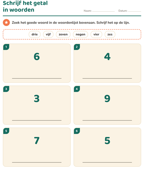 Voorbeeld van het Getallen in woorden-werkblad voor groep 3