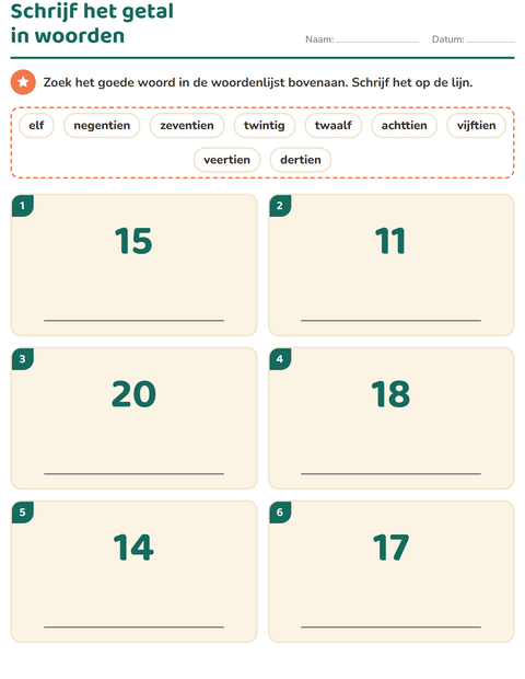 Voorbeeld van het Getallen in woorden-werkblad voor groep 3