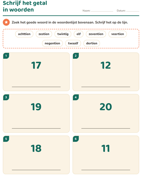Voorbeeld van het Getallen in woorden-werkblad voor groep 3
