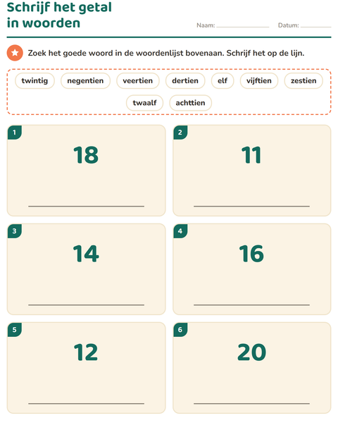 Voorbeeld van het Getallen in woorden-werkblad voor groep 3