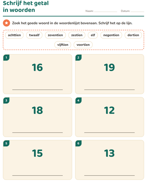 Voorbeeld van het Getallen in woorden-werkblad voor groep 3