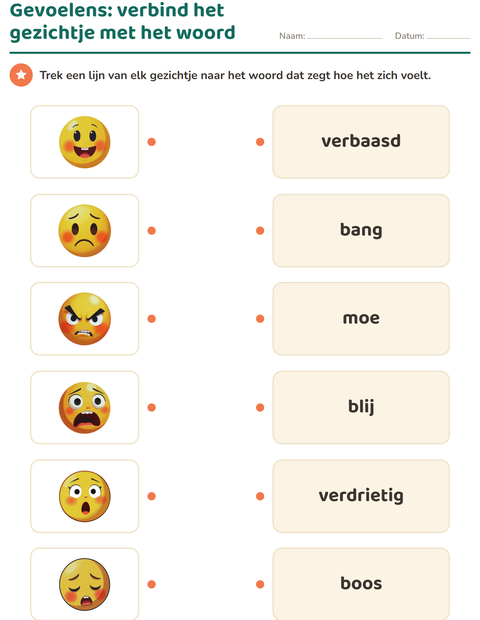 Gevoelens: verbind het gezichtje met het woord