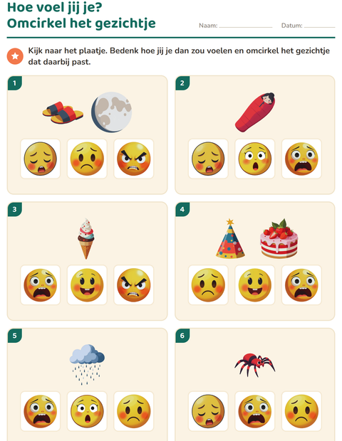 Voorbeeld van het Gevoelens-werkblad voor kleuterklas