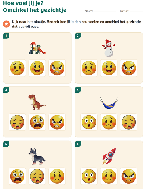 Voorbeeld van het Gevoelens-werkblad voor kleuterklas