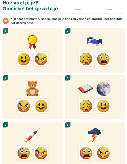 Voorbeeld van het Gevoelens-werkblad voor kleuterklas
