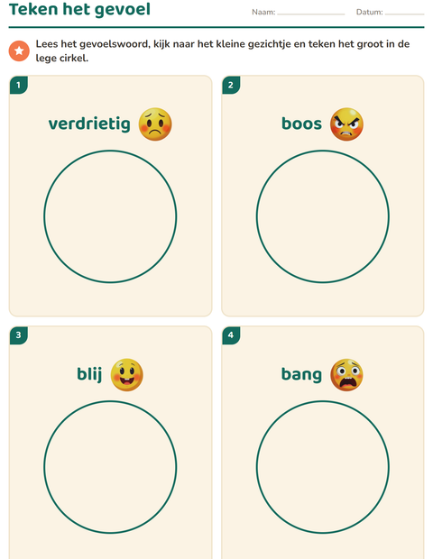 Voorbeeld van het Gevoelens-werkblad voor kleuterklas