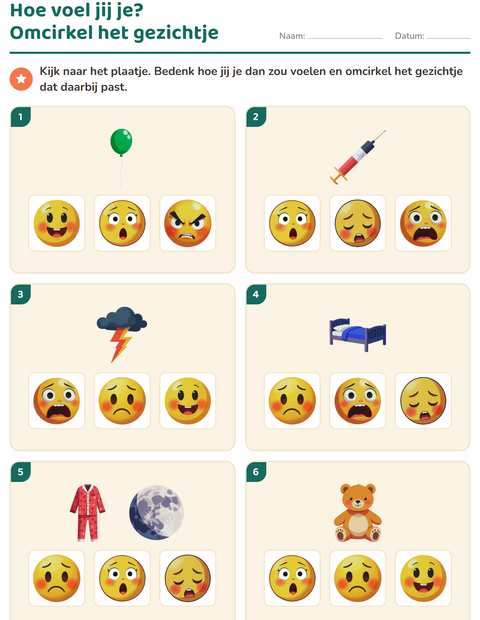 Voorbeeld van het Gevoelens-werkblad voor kleuterklas