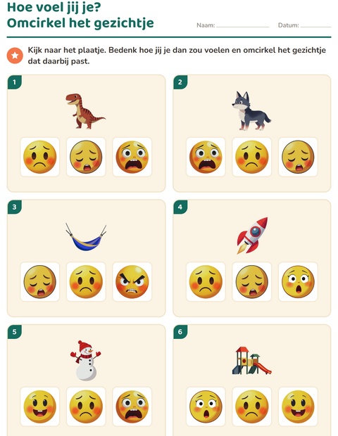 Voorbeeld van het Gevoelens-werkblad voor kleuterklas