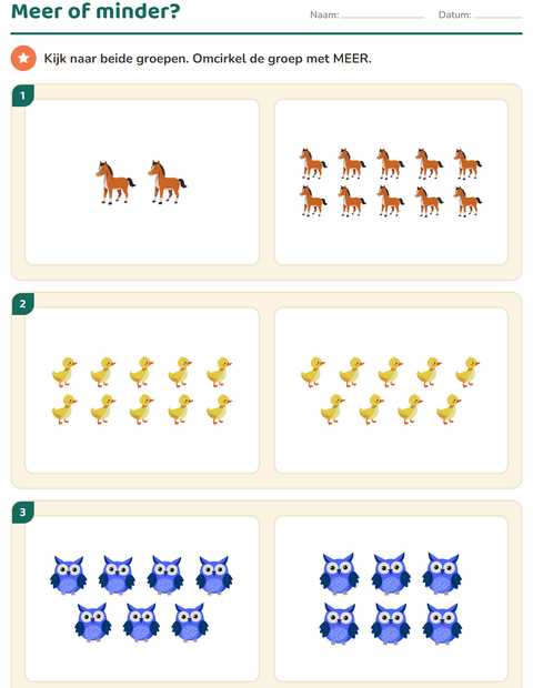 Voorbeeld van het Groepen vergelijken-werkblad met Dieren voor kleuterklas