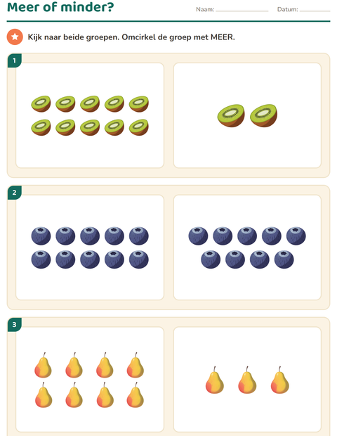 Voorbeeld van het Groepen vergelijken-werkblad met Fruit voor kleuterklas