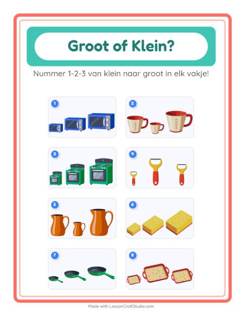 Voorbeeld van Zet keukenspullen op volgorde van klein naar groot – werkblad voor kleuters