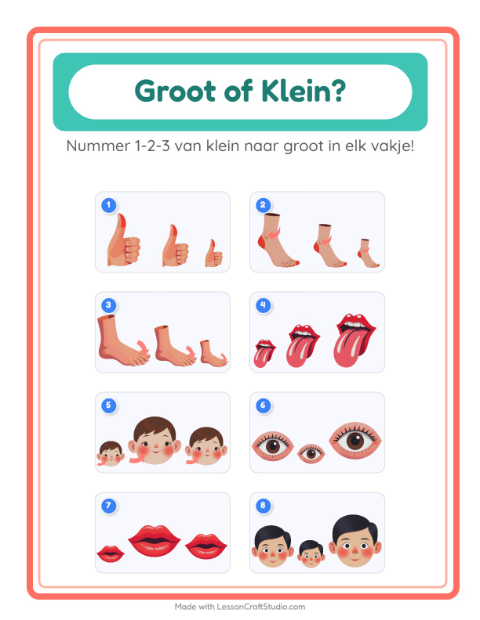 Voorbeeld van het Groot Of Klein-werkblad met Lichaamsdelen voor peuterklas