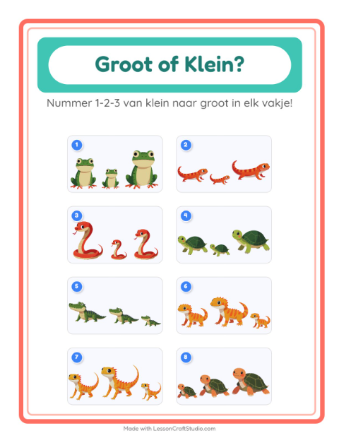 Voorbeeld van het Groot Of Klein-werkblad met Reptielen en amfibieën voor peuterklas