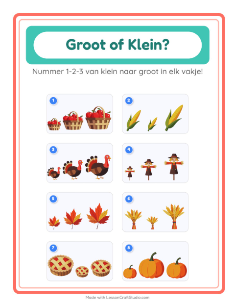 Voorbeeld van het Groot Of Klein-werkblad met Thanksgiving voor peuterklas