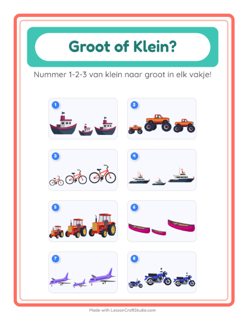 Voorbeeld van het Groot Of Klein-werkblad met Voertuigen voor peuterklas