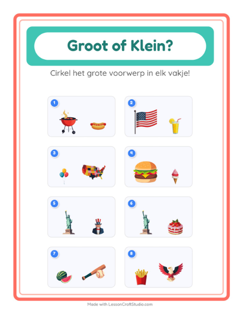 Voorbeeld van het Groot Of Klein-werkblad met 4 juli voor peuterklas