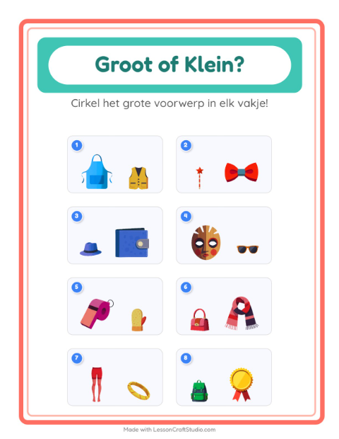 Voorbeeld van het Groot Of Klein-werkblad met Accessoires voor peuterklas
