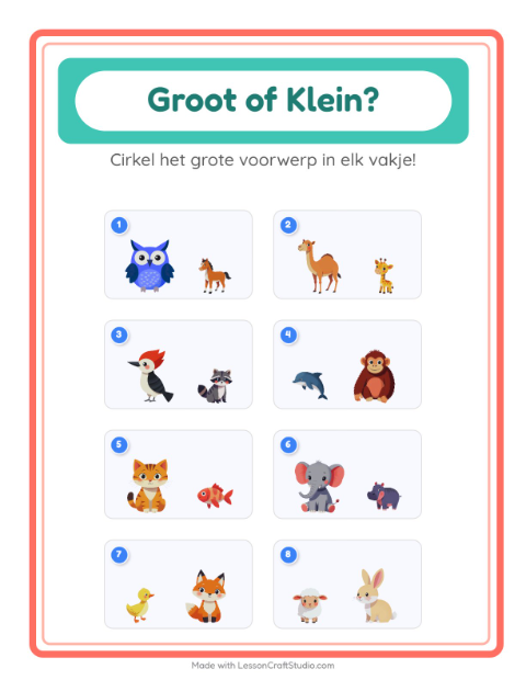 Voorbeeld van Zoek de grootste en de kleinste dieren – werkblad voor kleuters