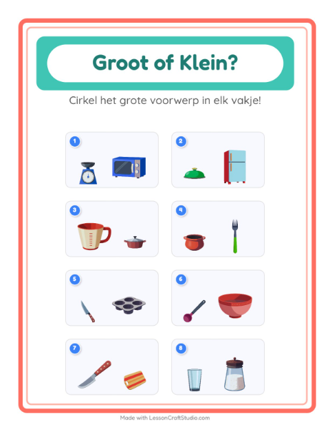 Voorbeeld van het Groot Of Klein-werkblad met Keukengerei voor peuterklas