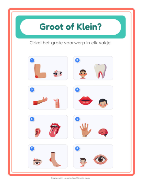 Voorbeeld van het Groot Of Klein-werkblad met Lichaamsdelen voor peuterklas