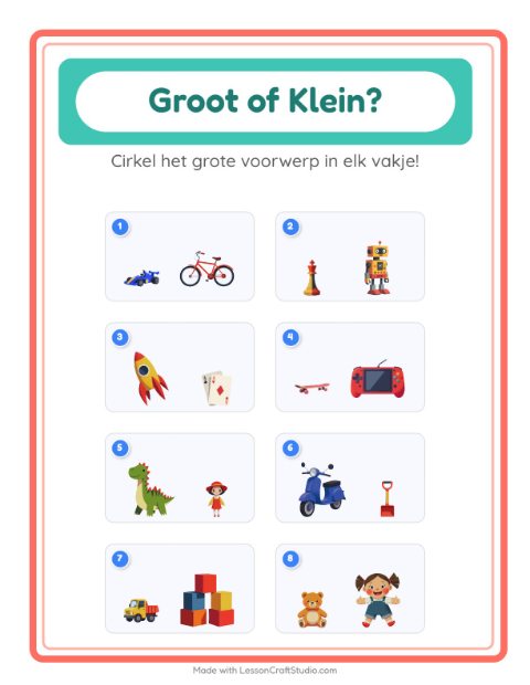 Voorbeeld van Zoek de grootste en de kleinste speelgoedjes – werkblad voor kleuters
