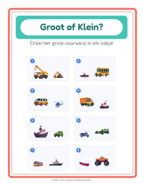 Voorbeeld van het Groot Of Klein-werkblad met Voertuigen voor peuterklas