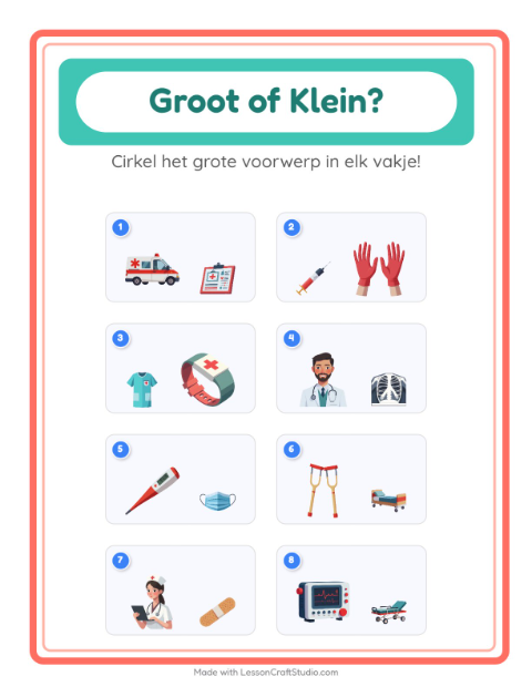 Voorbeeld van het Groot Of Klein-werkblad met Ziekenhuis voor peuterklas
