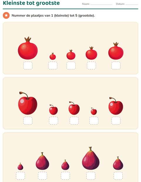 Voorbeeld van het Groottes vergelijken-werkblad met Fruit voor kleuterklas