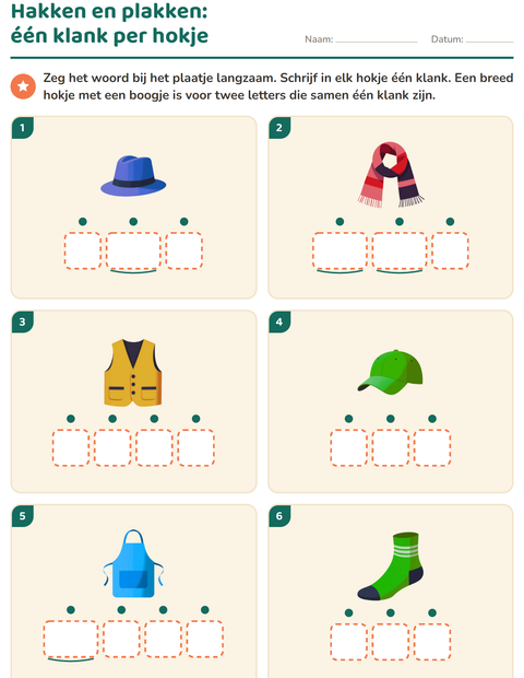 Voorbeeld van het Hakken en plakken-werkblad met Accessoires voor kleuterklas