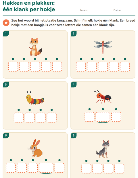 Voorbeeld van het Hakken en plakken-werkblad met Boswezens voor kleuterklas