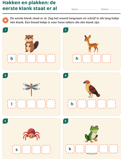 Voorbeeld van het Hakken en plakken-werkblad met Boswezens voor kleuterklas
