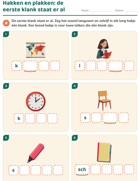 Voorbeeld van het Hakken en plakken-werkblad met Klaslokaal voor kleuterklas