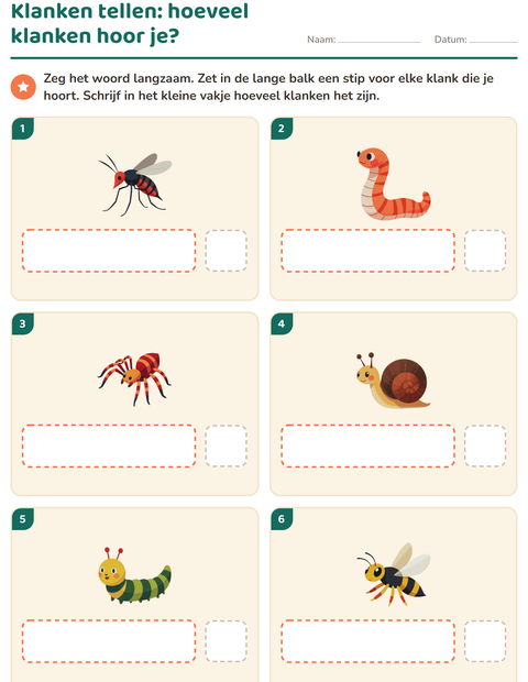Voorbeeld van het Hakken en plakken-werkblad met Insecten en beestjes voor kleuterklas