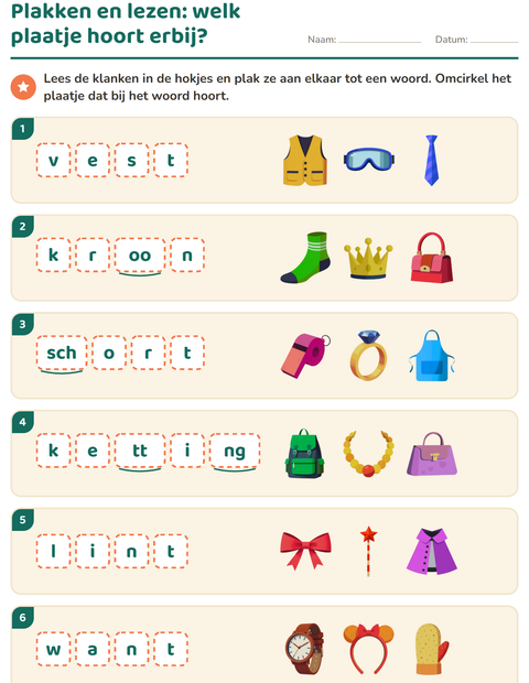 Voorbeeld van het Hakken en plakken-werkblad met Accessoires voor groep 3