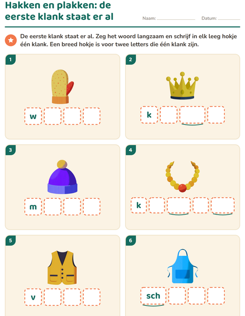 Voorbeeld van het Hakken en plakken-werkblad met Accessoires voor kleuterklas