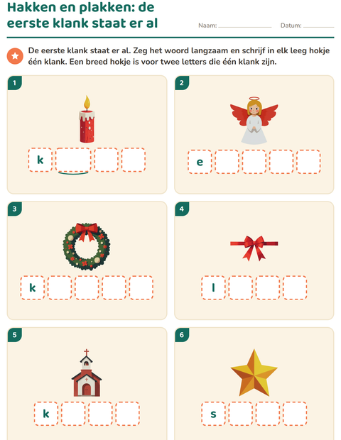 Voorbeeld van het Hakken en plakken-werkblad met Kerstmis voor kleuterklas