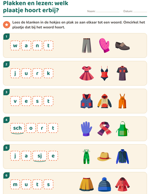 Voorbeeld van het Hakken en plakken-werkblad met Kleding voor groep 3