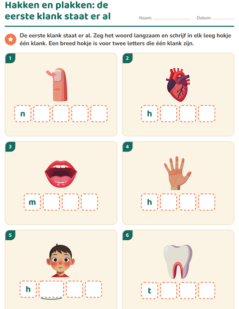 Voorbeeld van het Hakken en plakken-werkblad met Lichaamsdelen voor kleuterklas