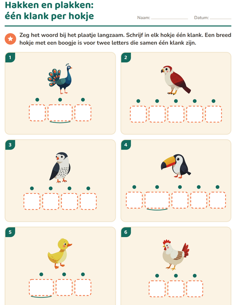 Voorbeeld van het Hakken en plakken-werkblad met Vogels 2 voor kleuterklas