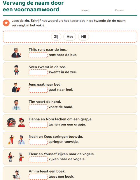 Voorbeeld van het Hij, zij of het-werkblad voor groep 3