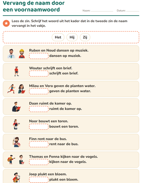 Voorbeeld van het Hij, zij of het-werkblad voor groep 3