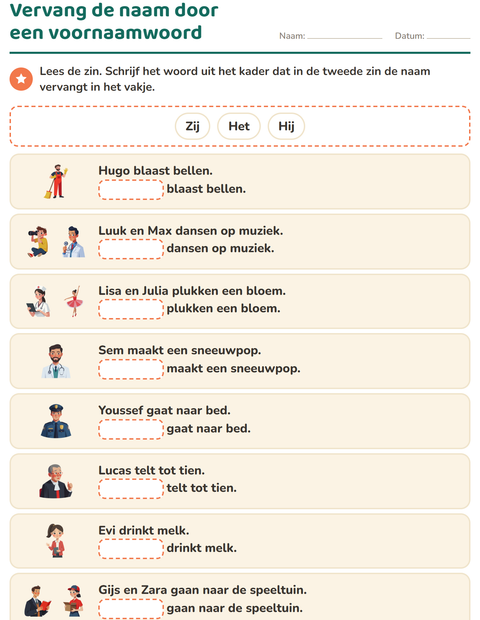 Voorbeeld van het Hij, zij of het-werkblad voor groep 3