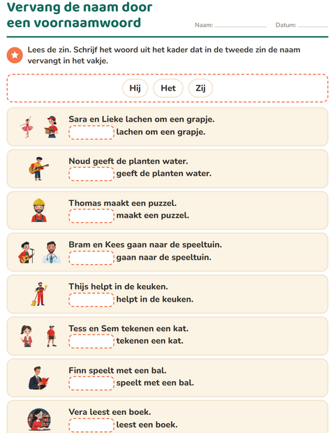 Voorbeeld van het Hij, zij of het-werkblad voor groep 3