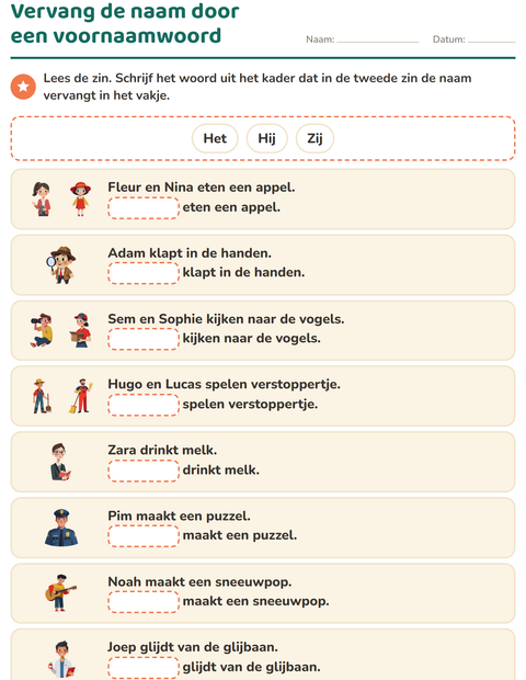 Voorbeeld van het Hij, zij of het-werkblad voor groep 3