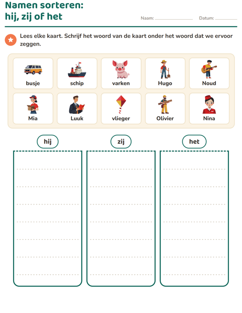 Voorbeeld van het Hij, zij of het-werkblad voor groep 3