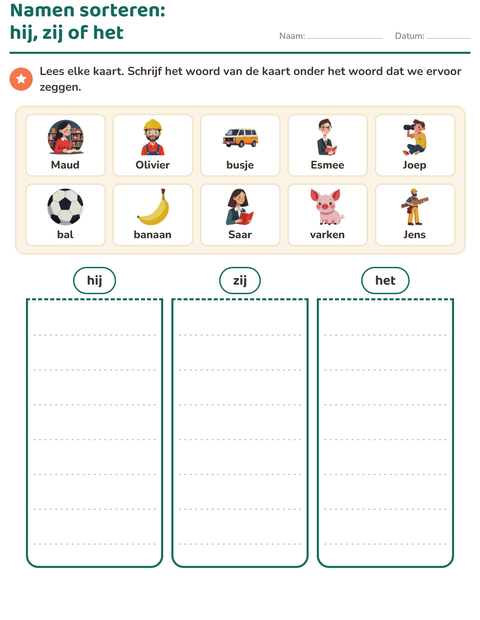 Voorbeeld van het Hij, zij of het-werkblad voor groep 3