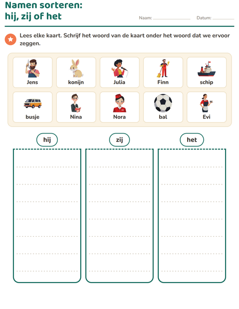 Voorbeeld van het Hij, zij of het-werkblad voor groep 3