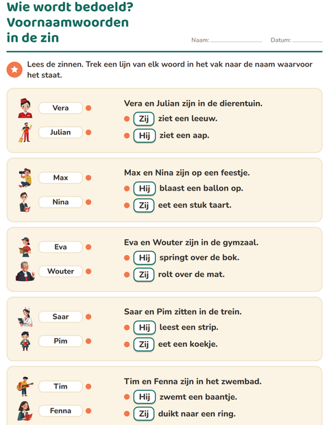 Voorbeeld van het Hij, zij of het-werkblad voor groep 4