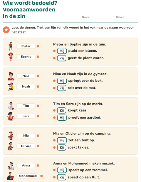 Voorbeeld van het Hij, zij of het-werkblad voor groep 4