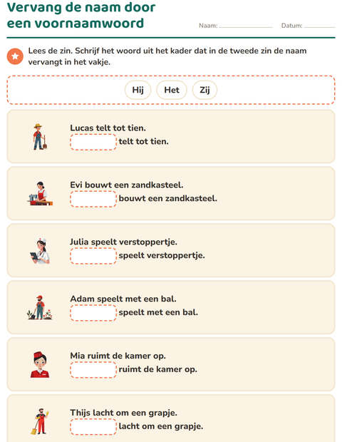 Voorbeeld van het Hij, zij of het-werkblad voor groep 3
